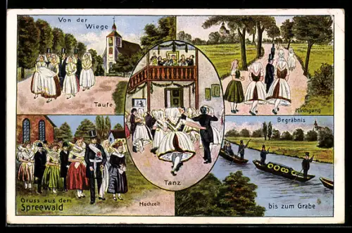 AK Tracht Spreewald, Hochzeit, Tod, Tanz