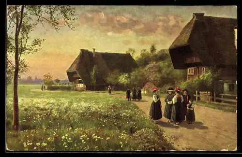 Künstler-AK H. Hoffmann: Frauen in Schwarzwaldtrachten vor Bauernhaus