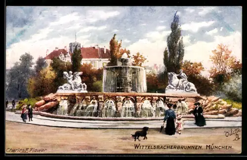 Künstler-AK Charles F. Flower: München, Wittelsbacherbrunnen mit Spaziergängern
