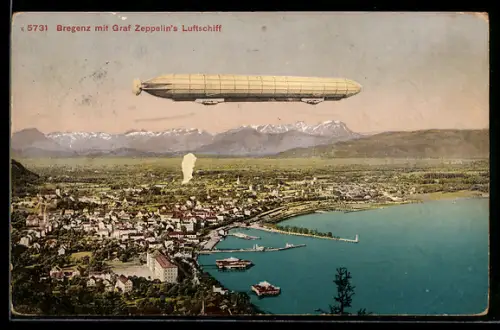 AK Bregenz, Panorama mit Graf Zeppelins Luftschiff