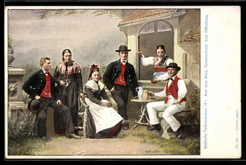AK Serie: badische Volkstrachten, Bauern in Tracht aus dem Ried