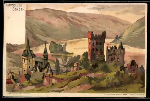 Lithographie Bingen / Rhein, Burg, Kirche, Rheinlandschaft