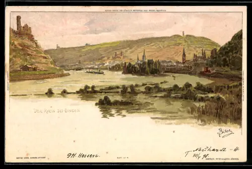 Künstler-AK Carl Biese: Bingen, Panoramablick mit Rhein