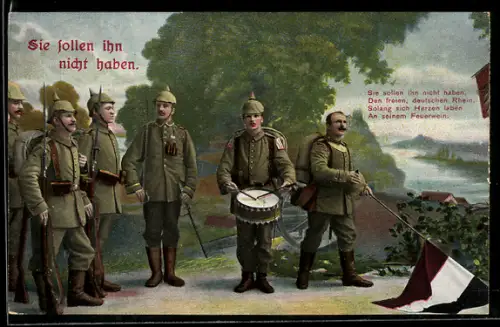 AK Deutsche Infanterie mit Reichsflagge und Trommel am Rhein