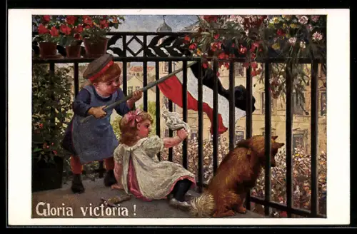 AK Gloria victoria, Kinder wedeln mit Reichsfahne und weissem Tuch vom Balkon, Schäferhund