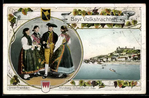 AK Würzburg, Unterfränkische Herren und Damen in bayerischen Trachten, Mainbrücke und Schloss