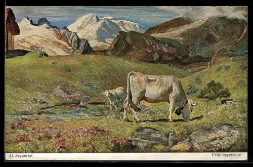 Künstler-AK Giovanni Segantini: Kühe auf einer Frühlingsweide
