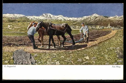 Künstler-AK Giovanni Segantini: Am Pflug, Bauern mit Pferdepflug auf dem Acker