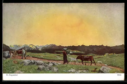 Künstler-AK Giovanni Segantini: Sein, Sonnenaufgang über Gebirgslandschaft