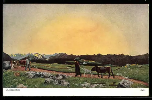 Künstler-AK Giovanni Segantini: Sein, Sonnenaufgang über Gebirgslandschaft