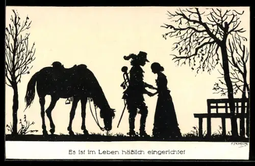 Künstler-AK Kaskeline: Es ist im Leben hässlich eingerichtet, Trompeter mit Pferd verabschiedet seine Frau