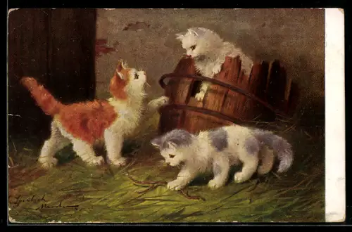 Künstler-AK Katzenjunge spielen an kaputten Fass