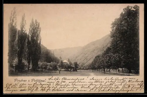 AK Potstyn, Strasse mit Bäumen und Bergen