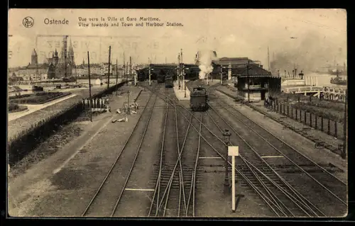 AK Ostende, Vue vers la Ville et Gare Maritime, Bahnhof