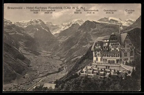 AK Braunwald, Hotel-Kurhaus Alpenblick mit Clariden, Tödi und Kammerstock