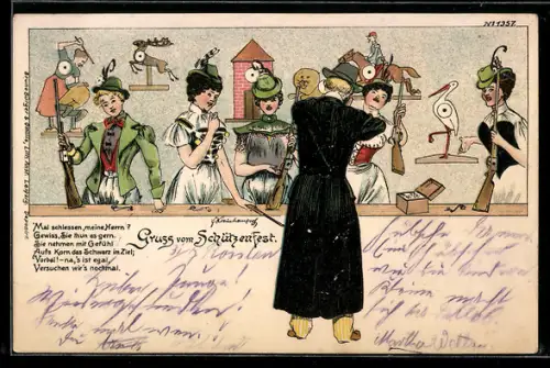 Künstler-AK Bruno Bürger & Ottillie Nr. 1357: Schützenfest, Mann an der Schiessbude nimmt Mass