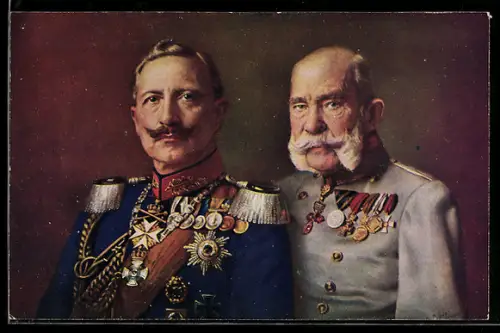 Künstler-AK Zweibund, Kaiser Franz Josef I. von Österreich & Kaiser Wilhelm II von Preussen in Uniform mit Epauletten