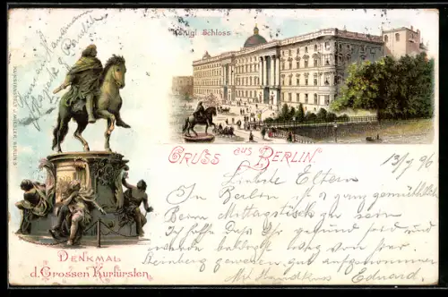 Lithographie Berlin, Königliches Schloss, Denkmal des Grossen Kurfürsten