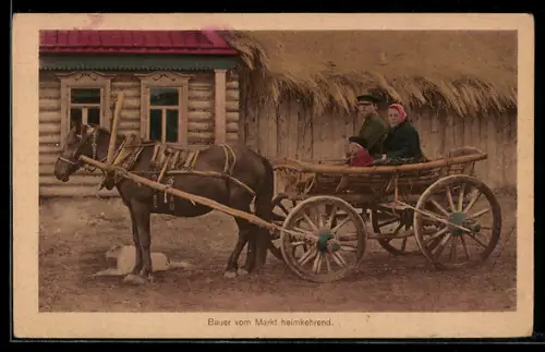 AK Bauer mit Pferdegespann vom Markt heimkehrend