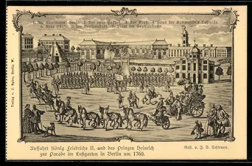 Künstler-AK Berlin, Auffahrt König Friedrichs II. und des Prinzen Heinrich zur Parade im Lustgarten um 1760