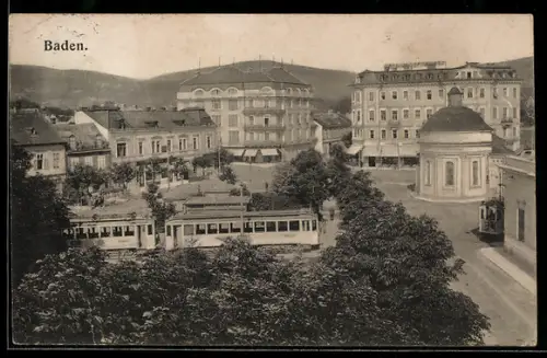 AK Baden, Strassenpartie mit Strassenbahn