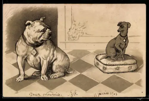 Lithographie Gedrungener kräftiger Hund und schmaler Gefährte auf einem Kissen