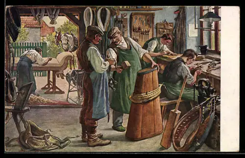 AK Meinholds Handwerkerbild Nr. 12: Sattler in der Werkstatt