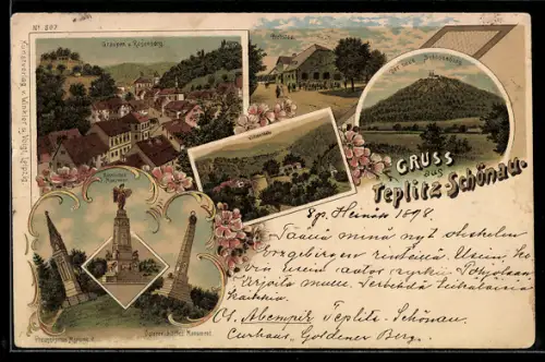 Lithographie Teplitz Schönau / Teplice, Russisches Monument, Wilhelmshöhe, Probstau, Schlossberg
