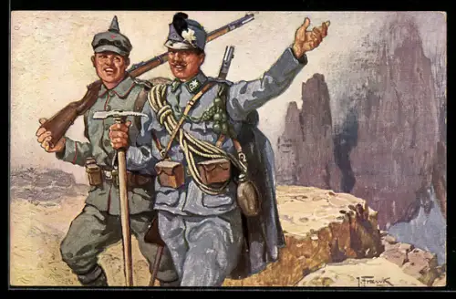 Künstler-AK Zweibund, Deutscher und österreichischer Soldat in den Bergen, Treubund
