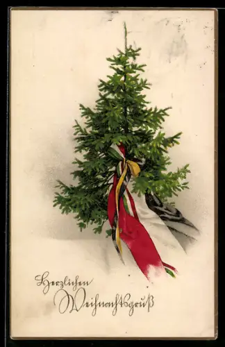 AK Kriegsweihnacht, Weihnachtsbaum mit Schleife