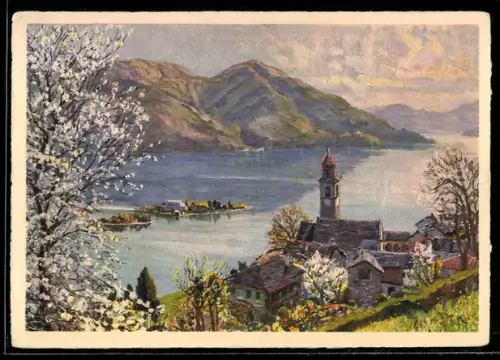 Künstler-AK Ronco-s-Ascona, Panorama mit Kirche