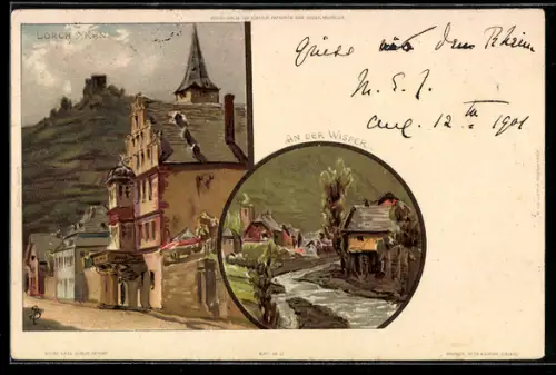 Künstler-AK Carl Biese: Lorch / Rhein, Teilansicht mit Burgruine, Flusspartie
