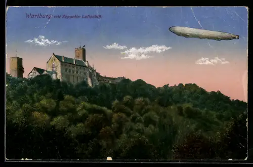 AK Eisenach, Wartburg mit Zeppelin-Luftschiff
