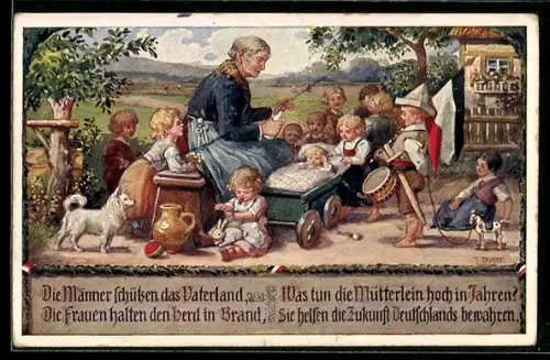 AK Ältere Frau hütet eine Kinderschar, Die Männer schützen das Vaterland, was tun die Mütterlein...?
