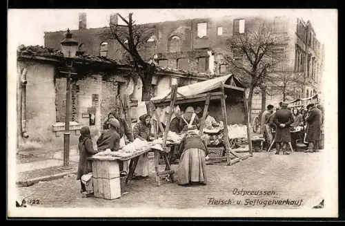 AK Ostpreussen, Marktszene, Fleisch- u. Geflügelverkauf