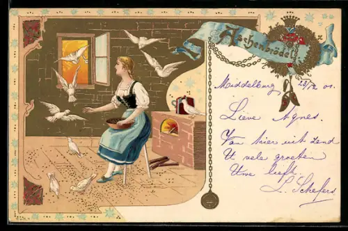 Lithographie Aschenbrödel füttert Vögel