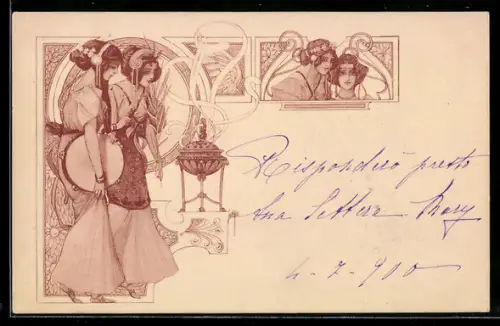 AK Vier Mädchen mit Kopfschmuck an der Feuerstelle mit Tambourin, Ornament