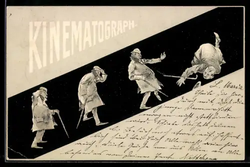 AK Kinematograph, Bilderfolge Stürzender Betrunkener mit Stock, Jugendstil