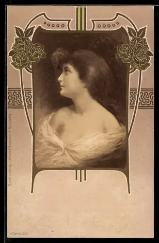 AK Porträt einer jungen Frau im Profil, Jugendstil-Passepartout