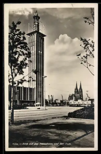 AK Köln, Pressa 1928, Pressaturm mit Dom