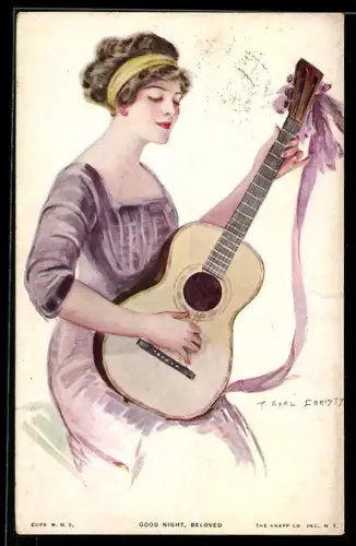 Künstler-AK F. Earl Christy: Dame mit Haarband spielt auf Gitarre, Good Night, Beloved