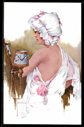 Künstler-AK sign. Marchisio: Frau im Nachthemd mit Schlafmpütze