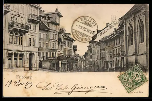AK Fribourg, Rue commercante avec Hôtel du Faucon et Pharmacie