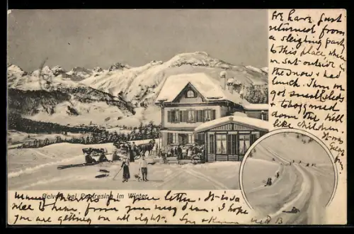 AK Pontresina, Restaurant Belvoir, Menschen mit Schlitten vor einem verschneiten Haus