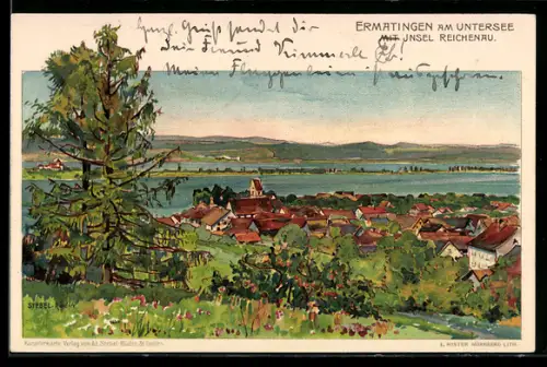 Lithographie Ermatingen am Untersee, Ortsansicht mit Insel Reichenau