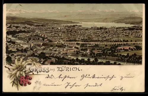 Lithographie Zürich, Stadtansicht mit See