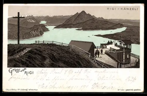 Lithographie Rigi-Känzeli, Aussichtsterrasse auf dem Rigi mit Seeblick