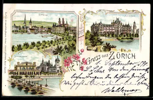 Lithographie Zürich, Utoquai, Landesmuseum, Alpenquai