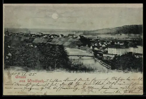 Mondschein-AK Windisch, Ortsansicht mit Brücke