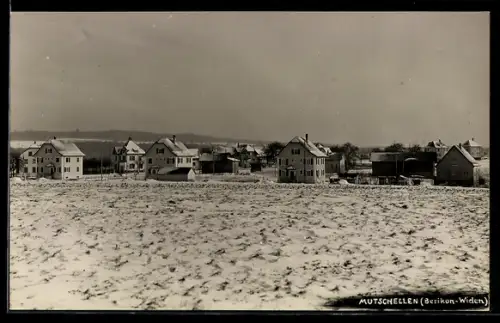 AK Mutschellen /Berikon-Wieden, Ortsansicht mit schneebedecktem Feld